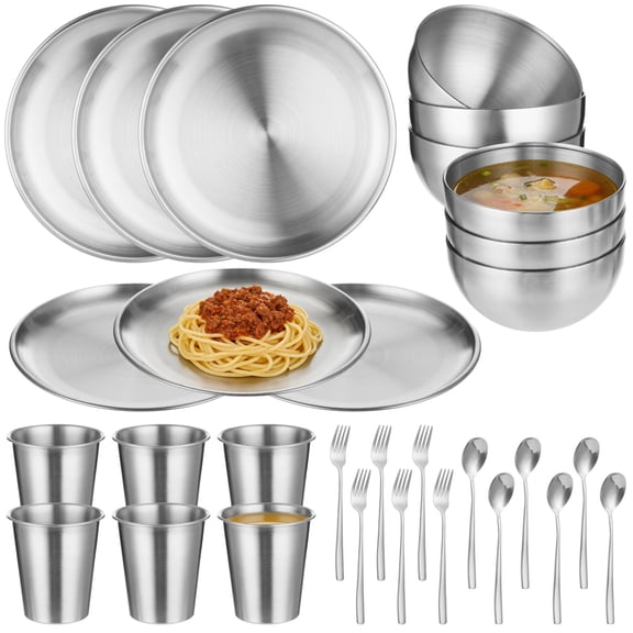 30 Pcs Stainless Steel Dinnerware Set, Includes Metal Plates, Bowls, Cups, Forks, and Spoons, Reusable Tableware Set, Sturdy Utensils for Home, Camping, Picnic, Party