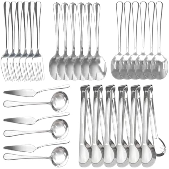 30 Pcs Stainless Steel Serving Utensils Set,With Large Spoons, Slotted Spoons, Forks, Soup Ladle, Pie Server, and Tongs for Home Buffet Party Supplies(Silver)$$Home Decor, Kitchen, & Other