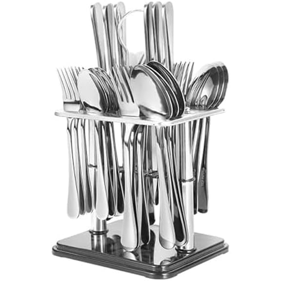 30 Pcs Stainless Steel Silverware Set with Stand, Hanging Flatware Set Service for 6, Eating Tableware Set Include Main Knife, Main Fork, Main Spoon, Small Fork, Small Spoon(silver)