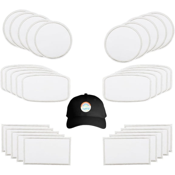 30 Pcs Sublimation Patches, 1.9 x 3.1 Inch Flat White Border Embroidery Patch, Rectangle Circle Iron on Repair Blanks Patches for Caps Clothes Shoes Bags Backpacks Uniforms