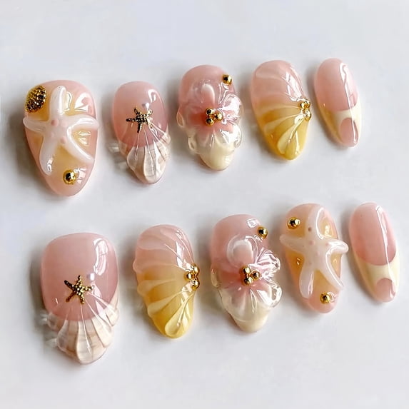 30 Pcs Summer Bestseller Beach Press-On Nails, 3D Flower & Starfish Premium Seashell French Nail Tips, Removable False Nails for Women