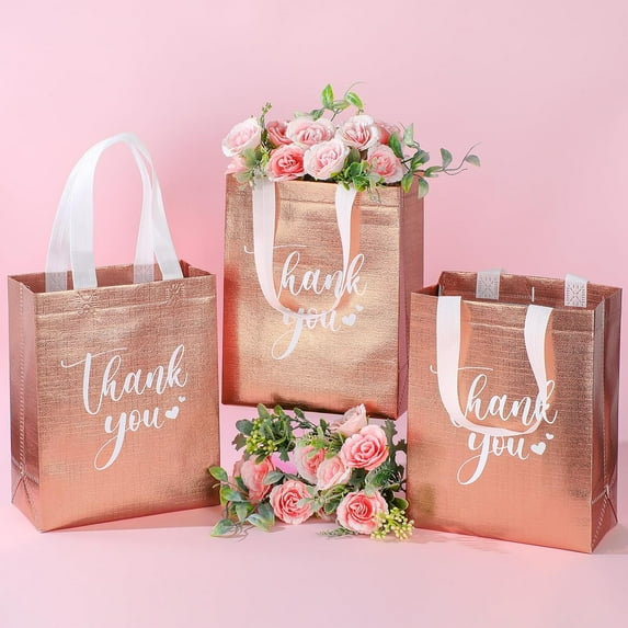 30 Pcs Thank You Gift Bags with Handles Bulk Reusable Goodie Bag Non Woven Foldable Handbag for Graduation Wedding Bridesmaid Gifts(10 x 8 x 4 Inch,Rose Gold)