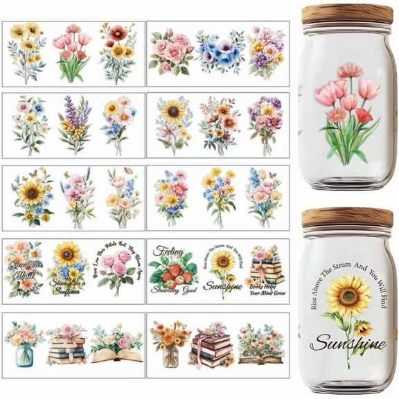 30 Pcs Transfers Stickers Rub on Transfers Flower UV DTF Cup Wraps Crafting Cup Decal Waterproof Printing UV Transfer Paper for 16 OZ Glass Cups DIY Crafts Colorful DIY