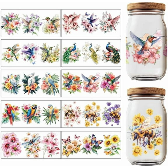 30 Pcs UV DTF Cup Wraps 10 Styles Bird UV DTF Cup Wrap Transfer Stickers Hummingbird Peacock Dragonfly Insect Waterproof Transfer Stickers