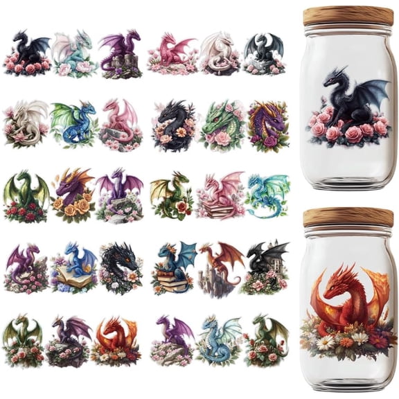 30 Pcs UV DTF Cup Wraps 10 Styles Dragons and Flower Stickers Cartoon Rub on Decals Waterproof Transfer Stickers for Glass Cups Wood Crafts