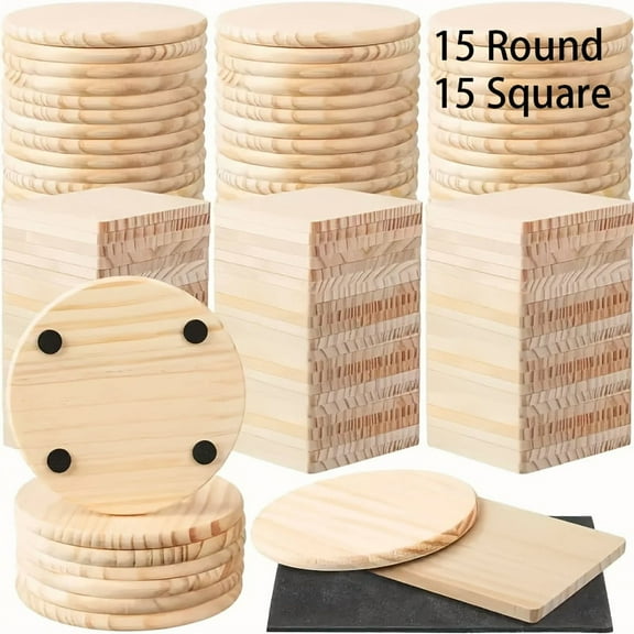 30 Pcs Unfinished Wooden Coasters,Include 15 Square 15 Round,Natural Light Brown Wood Craft Coasters with Smooth Edge for DIY Painting Staining Home Kitchen Table Decoration Gift Making