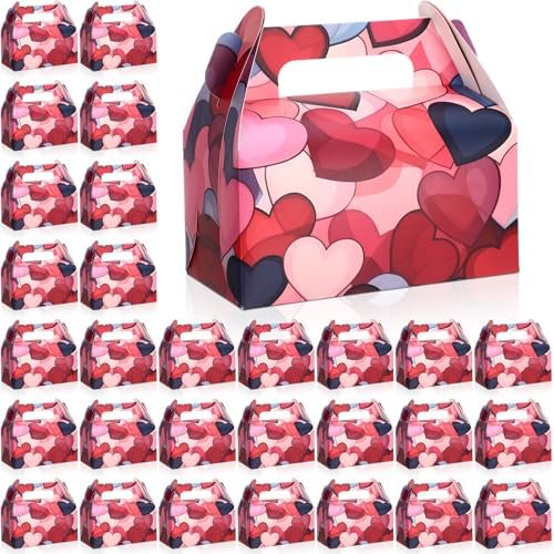 30 Pcs Valentine's Day Treat Boxes with Handles Pink Red Hearts Prints Paper Gift Boxes for Goodie Cookie Candy Containers Bags for Valentines Day Party Kids School Classroom Supplies