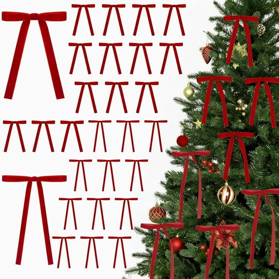 30 Pcs Velvet Bows for Christmas Tree, 5 x 7 Inch Vintage Rustic Red Christmas Ribbon Bows Ornaments for Tree Garland Wreath Gifts Outdoor Indoor Xmas Home Decorations(3/8'' Wide + 5/8'' Wide)