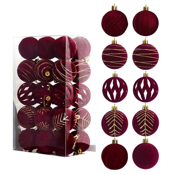 30 Pcs Velvet Christmas Balls Flocked Christmas Tree Ornaments Shatterproof Plastic Balls for Christmas Tree Decoration Hanging Ornaments