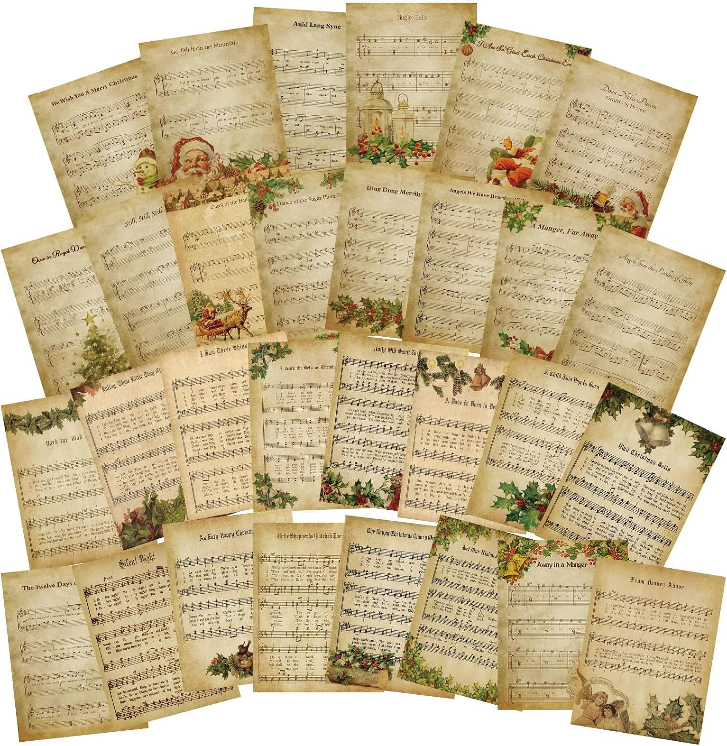 30 Pcs Vintage Christmas Sheet Music Scrapbook Paper Xmas Decorative Decoupage Printed Vintage Sheet Music Paper for Scrapbooking Christmas Journals Art Journal Gift Wrap DIY Craft