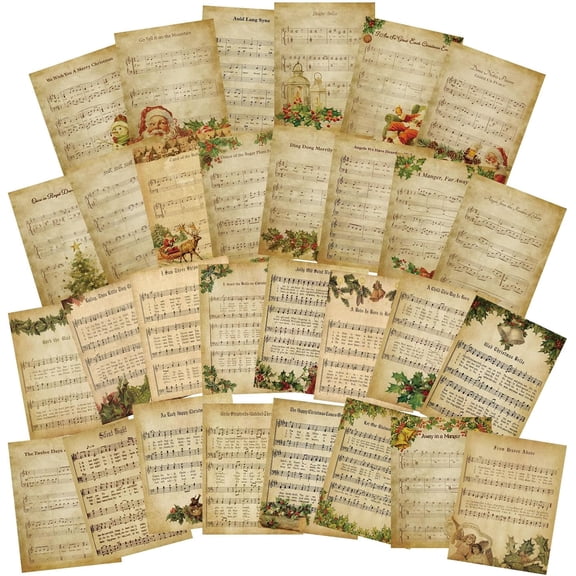 30 Pcs Vintage Christmas Sheet Music Scrapbook Paper Xmas Decorative Decoupage Printed Vintage Sheet Music Paper for Scrapbooking Christmas Journals Art Journal Gift Wrap DIY Craft