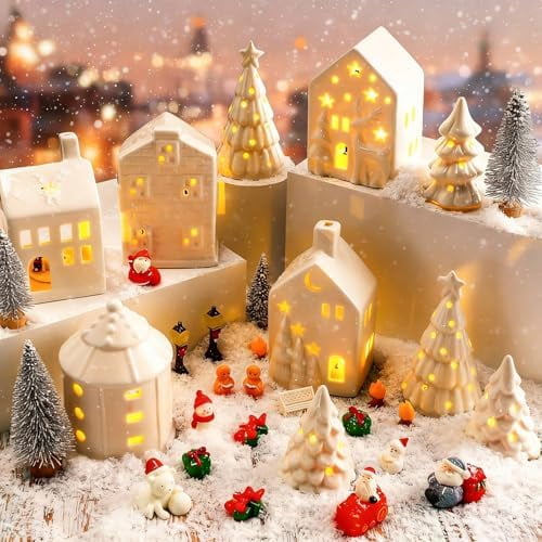 30 Pcs White Christmas Village Set Mini Figurines 5 LED Lighted Ceramic Houses 5 Porcelain Xmas Tree 12 Xmas Tree Santa Accessories Christmas Village Collection Kit for Table Decoration
