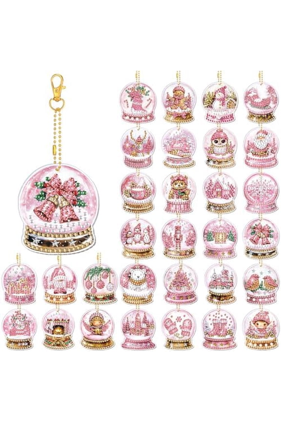 30 Pcs Winter Diamond Art Keychain Ornaments DIY Pink Winter Crystal Ball Diamond Painting Kits Double Sided Keychain Kits for Adults Christmas Key Ring Art Pendant Xmas Tree Decor