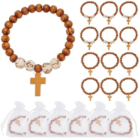 30 Pcs Wood Crosses Bracelets 2 Styles Mixed Color Stretch Bracelets Natural Wooden Round Beaded Elastic Bracelet Charms for Men Women Business