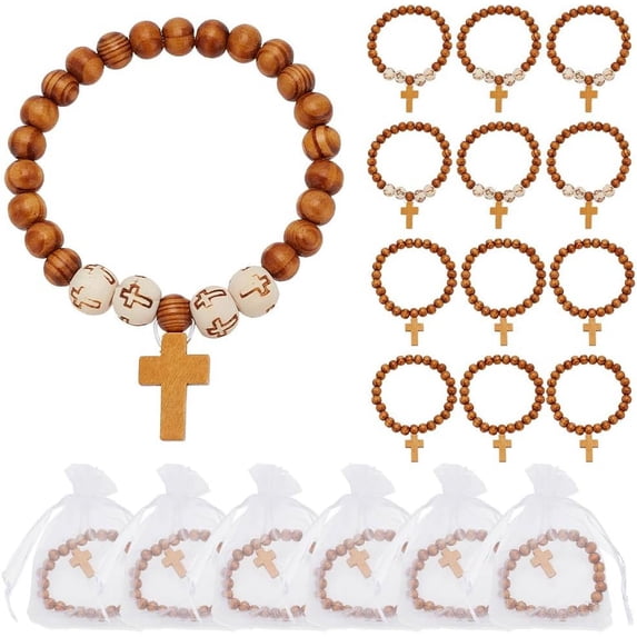 30 Pcs Wood Crosses Bracelets Bangle 2 Styles Mixed Color Stretch Bracelets Natural Wooden Round Beaded Elastic Bracelet Charms for Men Women Business