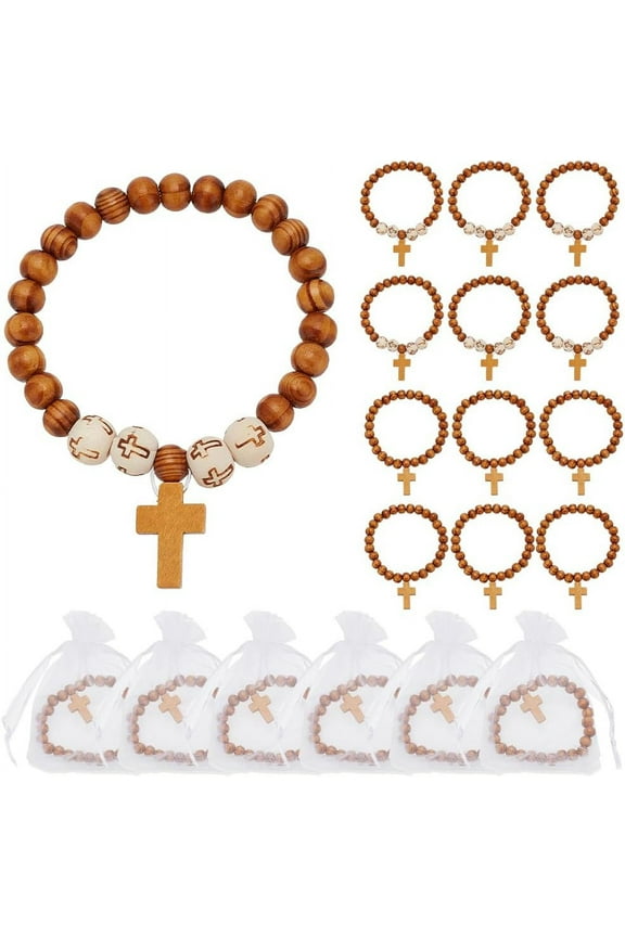 30 Pcs Wood Crosses Bracelets Bangle 2 Styles Mixed Color Stretch Bracelets Natural Wooden Round Beaded Elastic Bracelet Charms for Men Women Business