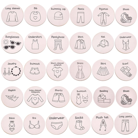 30 Pcs Wooden Decorative Tags 30 Styles Clothing Storage Labels for Nursery Decor Playroom and Bedroom Organization(6cm)