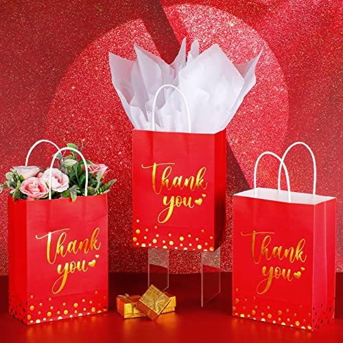 30 PcsThank You Gift 30 PcsThank You Gift Bags with Tissue Paper Gold ThankYouWedding Bags with Handle for GraduationBusinessShoppingWedding Shower Party Favors(Red)