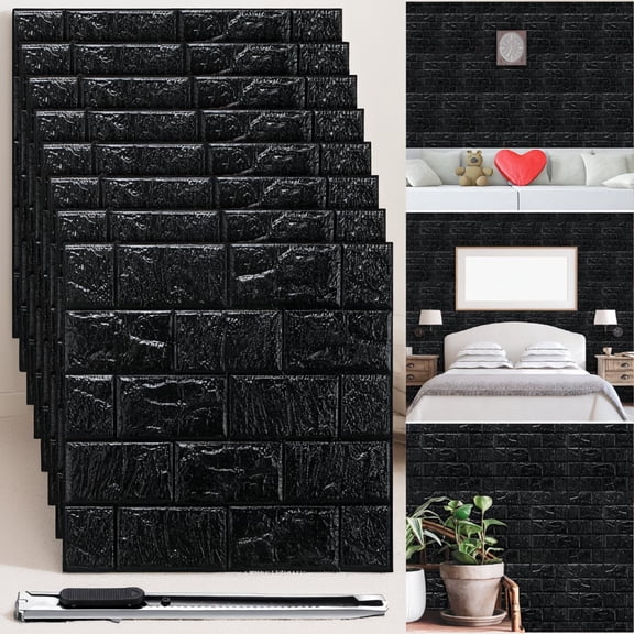 30 Peel and Stick Foam Brick Panels Self Adhesive Faux Rock Wallpaper Tiles, 28.8 Sq Ft, Black