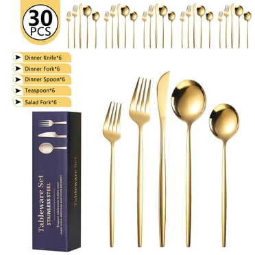 30 Piece Big Gold Silverware Set, Durable Stainless Steel Cutlery Set Service for 6, Mirror Polished Kitchen Utensils Tableware, Knife Fork Spoon Flatware Sets, Suitable for Children and Elderly