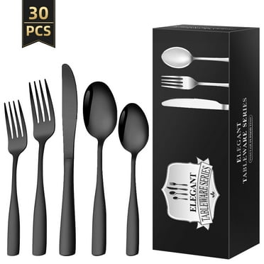 TINANA Silverware Sets, 30 PCS Flatware Set for 6, Premium Stainless Steel Cutlery Utensil Set Mirror Polished Forks and Spoons, Dishwasher Safe, Black