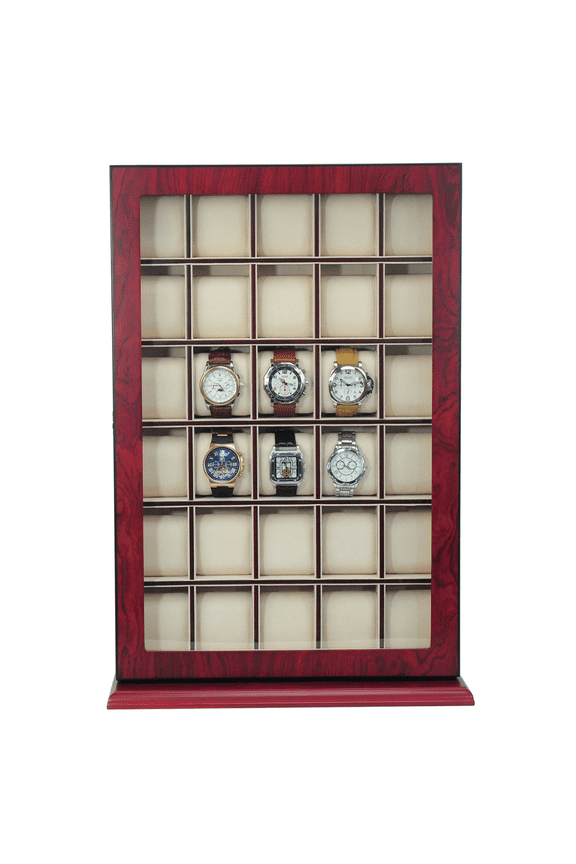 30 Piece Cherry Wood Watch Display Case Wall Stand Holds Watches up to 65mm
