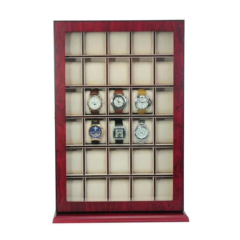 30-Piece Cherry Wood Watch Case, Wall Stand, Holds Watches up to