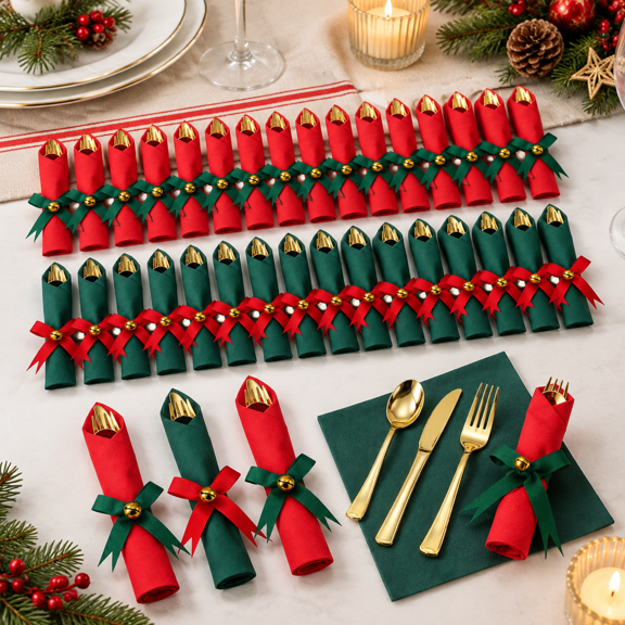 30-Piece Christmas Pre-Rolled Disposable Cutlery Set, Red and Green