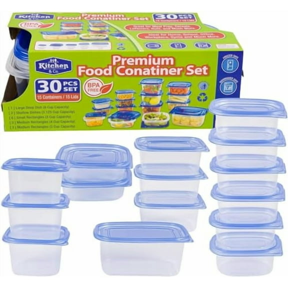 30 Piece Clear Food Container Set w/Lids Microwave Freezer Dishwasher Safe BPA Free
