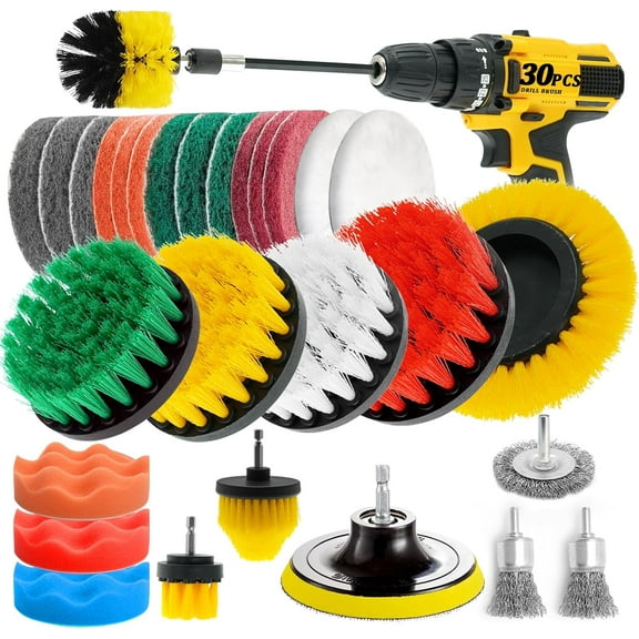30 Piece Drill Brush Attachments Set, Scrub Pads & Sponge & Wire Brush for Drill, Power Scrubber Brush with Extend Long Attachment, Drill Scrubber Brush Kit for Bathroom, Floor, Car, Grout