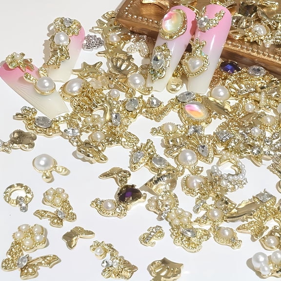 30-Piece Faux Pearl and Rhinestone Nail Charms Set - 3D Alloy Nail Art Accessories for Creative DIY Manicure Designs