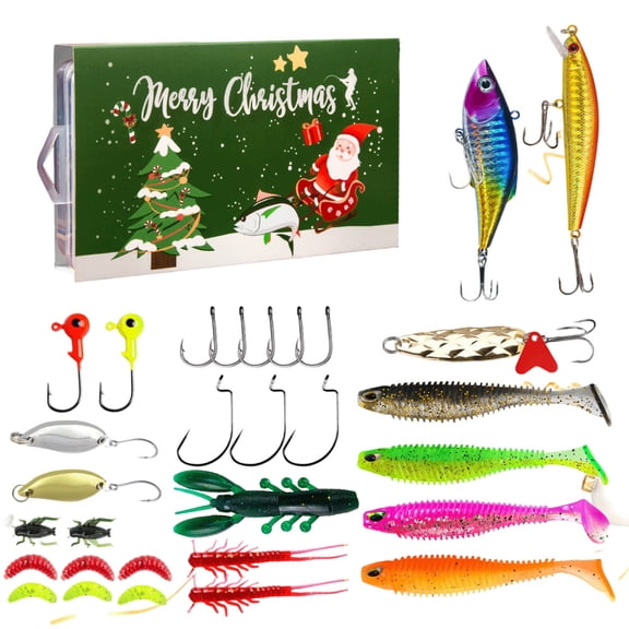 30-Piece Fishing Lures Christmas Advent Calendar, Countdown Surprise Gift Set, Hard Soft Baits Collection with Hooks, Xmas Holiday Present for Men Anglers Adult Fishing Enthusiasts