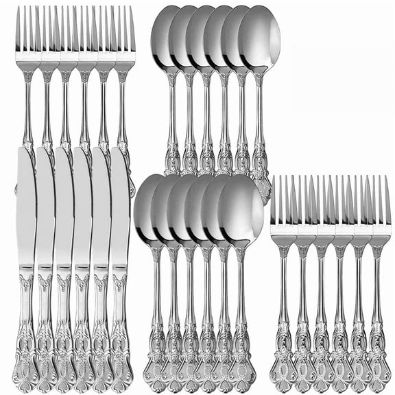 30-Piece Flatware Set for 6, Stainless Steel Retro Silverware with Vintage Baroque Design, Mirror Finish & Dishwasher Safe