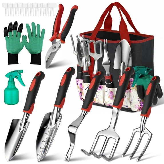 30 Piece Garden Tools Set, Heavy Duty Stainless Steel Gardening Kit with Vintage Floral Storage Tote Bag, Non-Slip Ergonomic Rubber Handle Gardening Supplies, Durable Gardening Work Accessories, Idea
