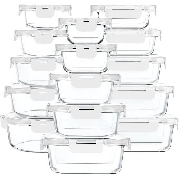 30 Piece Glass Food Storage Container Set with Snap Lock Lids Airtight Microwave Freezer and Dishwasher Safe White