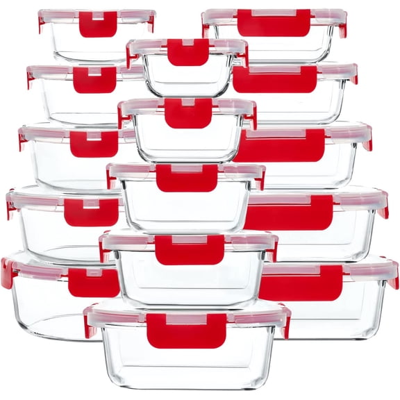 30 Piece Glass Food Storage Container Set with Snap Locking Lids Airtight Microwave Freezer and Dishwasher Safe Red
