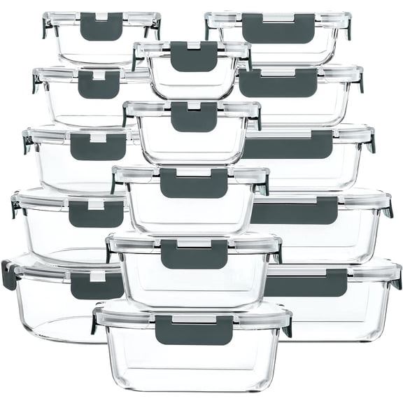 30 Piece Glass Food Storage Container Set with Snap Locking Lids Airtight Microwave Freezer and Dishwasher Safe