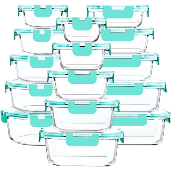 30 Piece Glass Food Storage Container Set with Snap Locking Lids Airtight Microwave Oven Freezer and Dishwasher Safe Green
