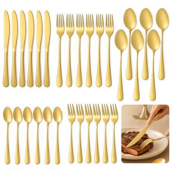 30 Piece Gold Cutlery Set, Stainless Steel Cutlery Set Service for 6, Mirror Polished Spoon Knife and Fork Sets with Ergonomic Handle for Home Kitchen, Restaurant, Steak, Dessert, Wedding