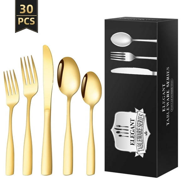 TINANA Silverware Sets, 30 PCS Flatware Set for 6, Premium Stainless Steel Cutlery Utensil Set Mirror Polished Forks and Spoons, Dishwasher Safe, Gold