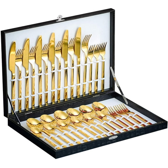 30 Pieces Silverware Set with Flatware Organizer, Stainless Steel Cutlery Set for 6, Utensil Sets kitchen with Steak Knives, Rust-proof, Mirror Polished, Dishwasher Safe, Gold