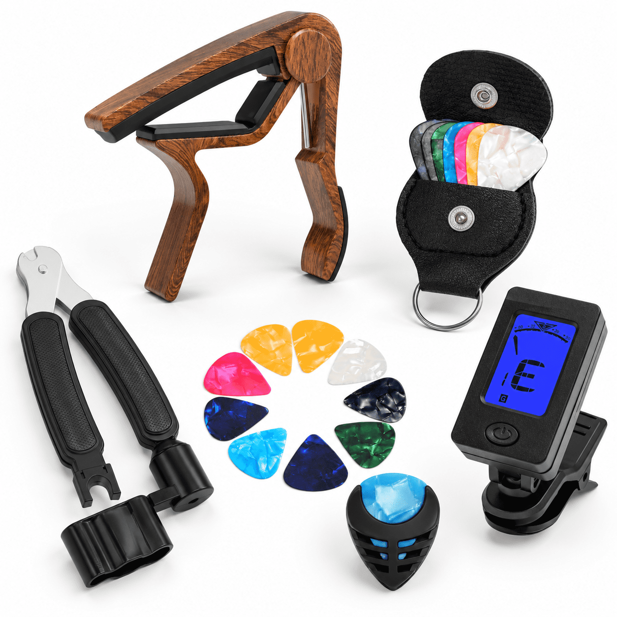 Pickaxe Accessory 30-Piece Guitar Pick Kit with Clip-On Tuner, Capo, String Winder and ...