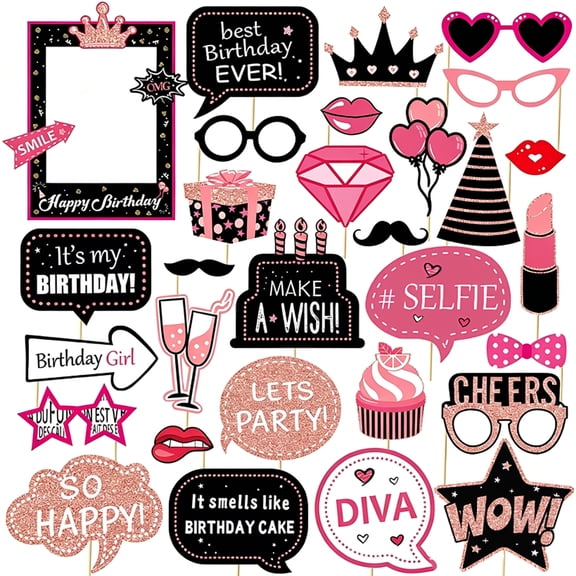 30-Piece Hot Pink Birthday Photo Booth Props Set for Girls  Party Favors and Decorations for Bachelorette, Bridal Shower, and Birthday Party