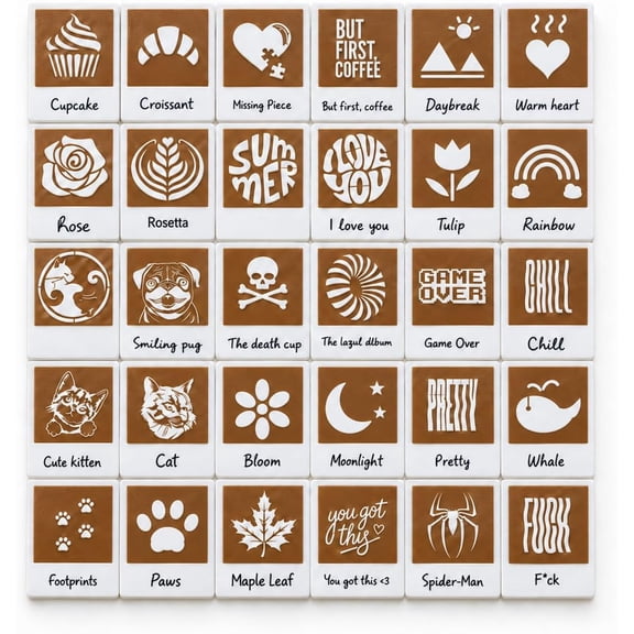 30-Piece Latte Art Stencil Templates, Reusable Coffee Powder Art Cards for 3D Printed Latte Art Camera, Cappuccino, Hot Chocolate & Desserts