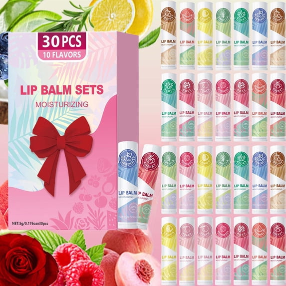 30-Piece Lip Balm Set, Deep Moisturizing Lipstick Enhances Lip Color, 10 Assorted Flavors, 150g Total