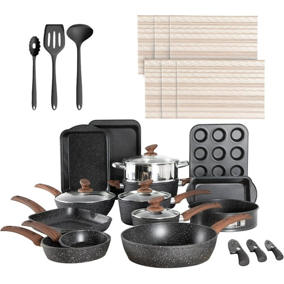 30-Piece Non-Stick Pots and Pans Set with Granite Induction Cookware, Non-Toxic Kitchen Cookware Set Including Frying Pans, Saucepan, and Various Pots in Black