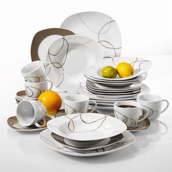 30-Piece Porcelain Ceramic Dinnerware Set, Dishwasher & Microwave Safe Kitchen Dinner Plate Set with 6 Dinner Plates, 6 Soup Plates, 6 Dessert Plates, 6 Cups & 6 Saucers