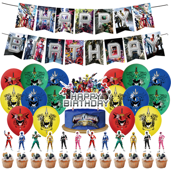 30-Piece For Power Rangers Cartoon-Themed Party Decoration Set Includes Banner, Cake Topper, 12 Cupcake Toppers, and 16 Balloons for Festive Celebrations