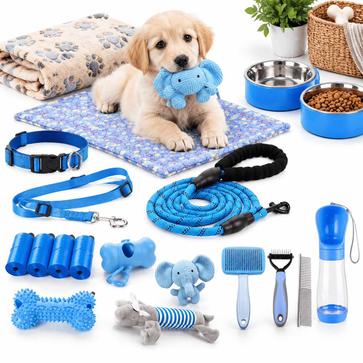 30-Piece Puppy Starter Kit with No Pull Harness, Blue Elephant ...