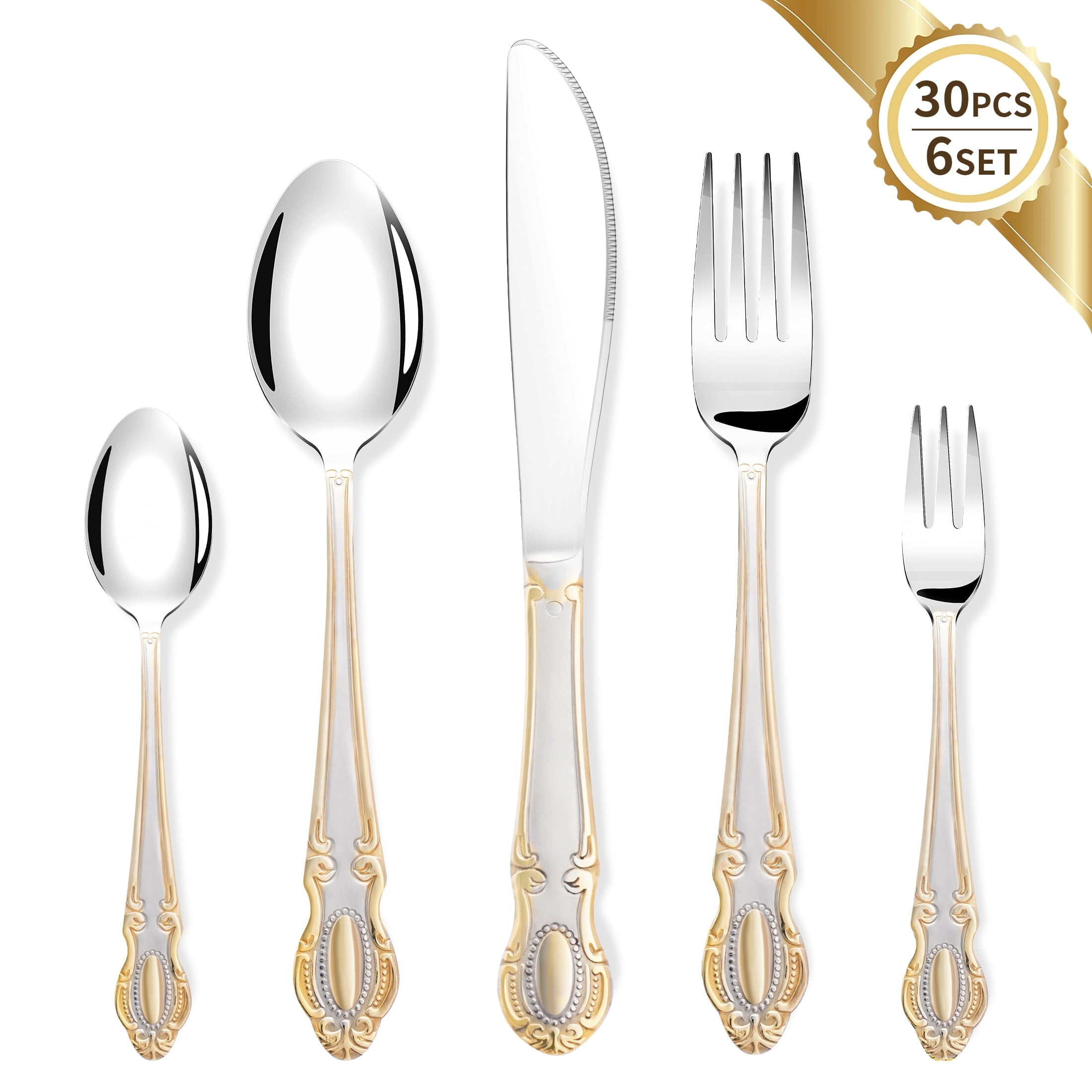 GPED 30 Piece Silverware Set, Stainless Steel Flatware Set for 6, Mirror Tableware Set with Gold Accents, Great for Family Gatherings & Daily Use, Gold